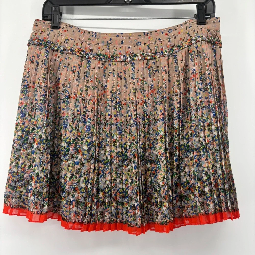 American Eagle Outfitters Floral Pleated Mini Skirt Braided Waist‎ Orange Hem 10